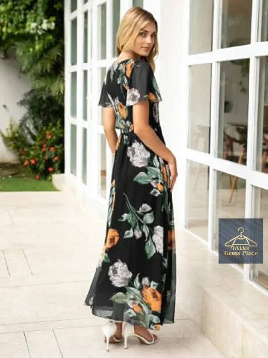 Flowy Chiffon Maxi Dress Smocked Top Flutter Sleeve Summer Boho - Picture 6 of 7